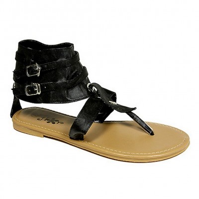 Sandals - 6-pair Leather Like Ankle Cuff w/ Dual Buckled Straps - Black - SL-C1035BK